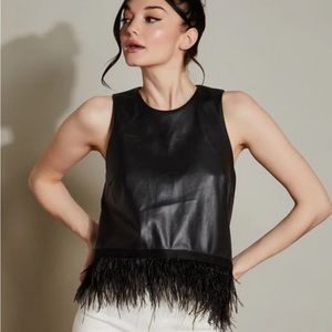 Hutch Jojo Top - Black Leather Ostrich Feather Hem Tank Top